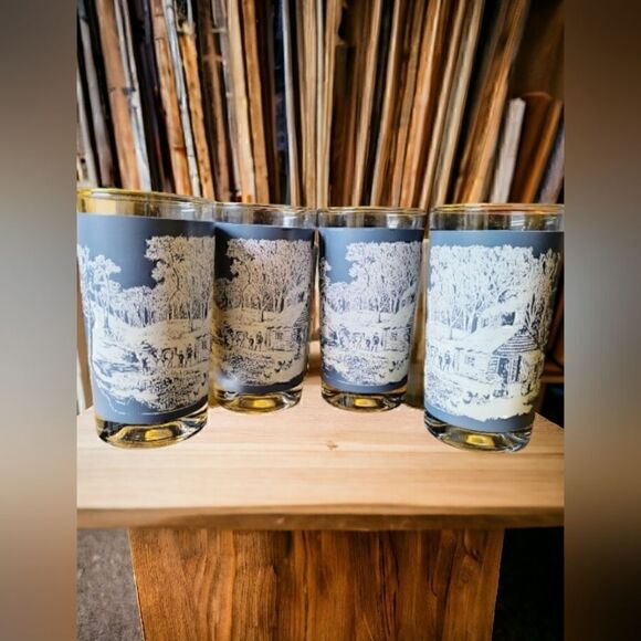 JUICE GLASSES WINTER WONDERLÀND  COBALT BLUE VINTAGE   Set of 6 6" - Picture 3 of 7